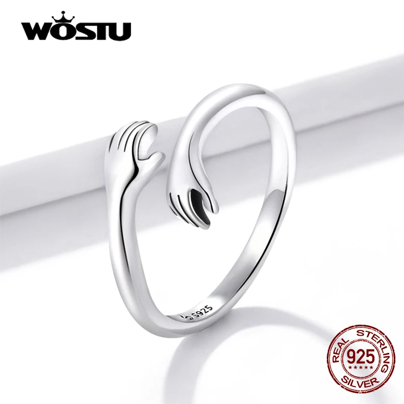 WOSTU 925 Sterling Silver Hug Hands Ring Simple Design Finger Ring For Women Elegant Silver Jewelry CTR176 image 4