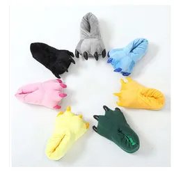 Kawaii Dino Paw Slippers Boys Home Slippers Fluffy Fur Claw Plush Slippers Girls Winter Warm Shoes Kids Christmas Halloween Gift