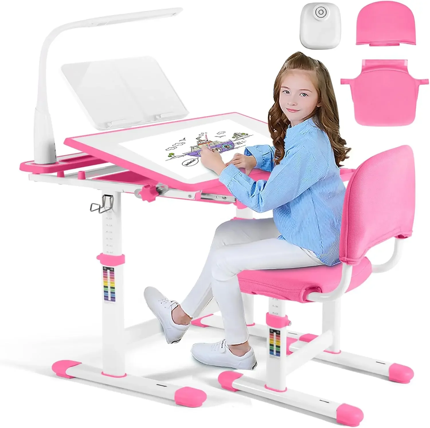 Kids Study Table and Chair Set,Adjustable Girls School Writing Study Table,with Large Writing Board LED Pull Out Drawer Pencil