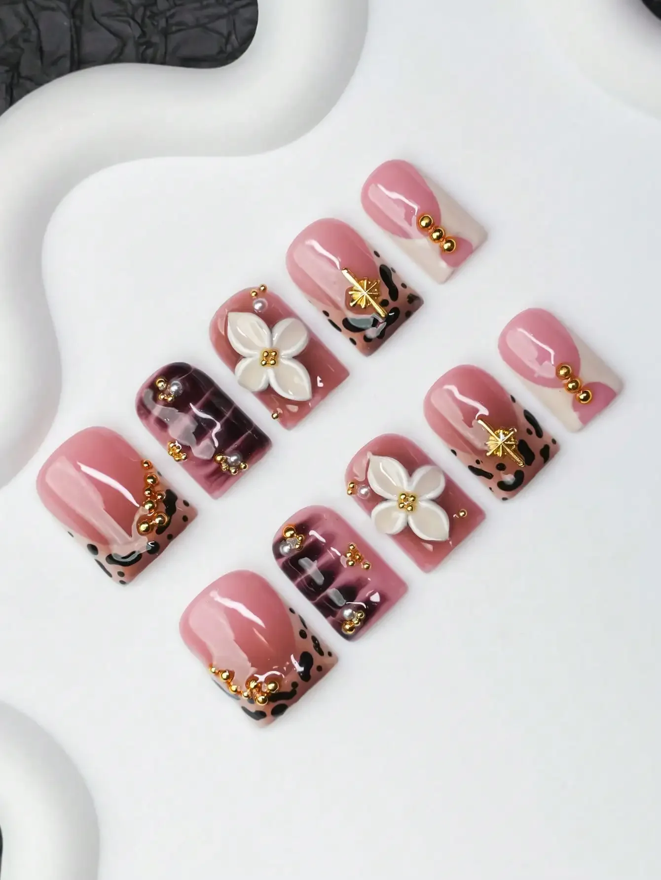 10pcs Square Shaped Handmade Nail Tips, Y2K Baddie Style, Nude, Brown, White Nail Plates With French Tips, Carving, Snake Skin,