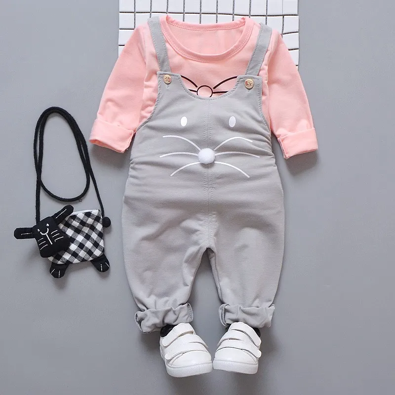 Spring Autumn Baby Girls Set Round Neck Cartoon Printing Long Sleeve T-shirt + Solid Color Print Strap Pants Two Piece Suit