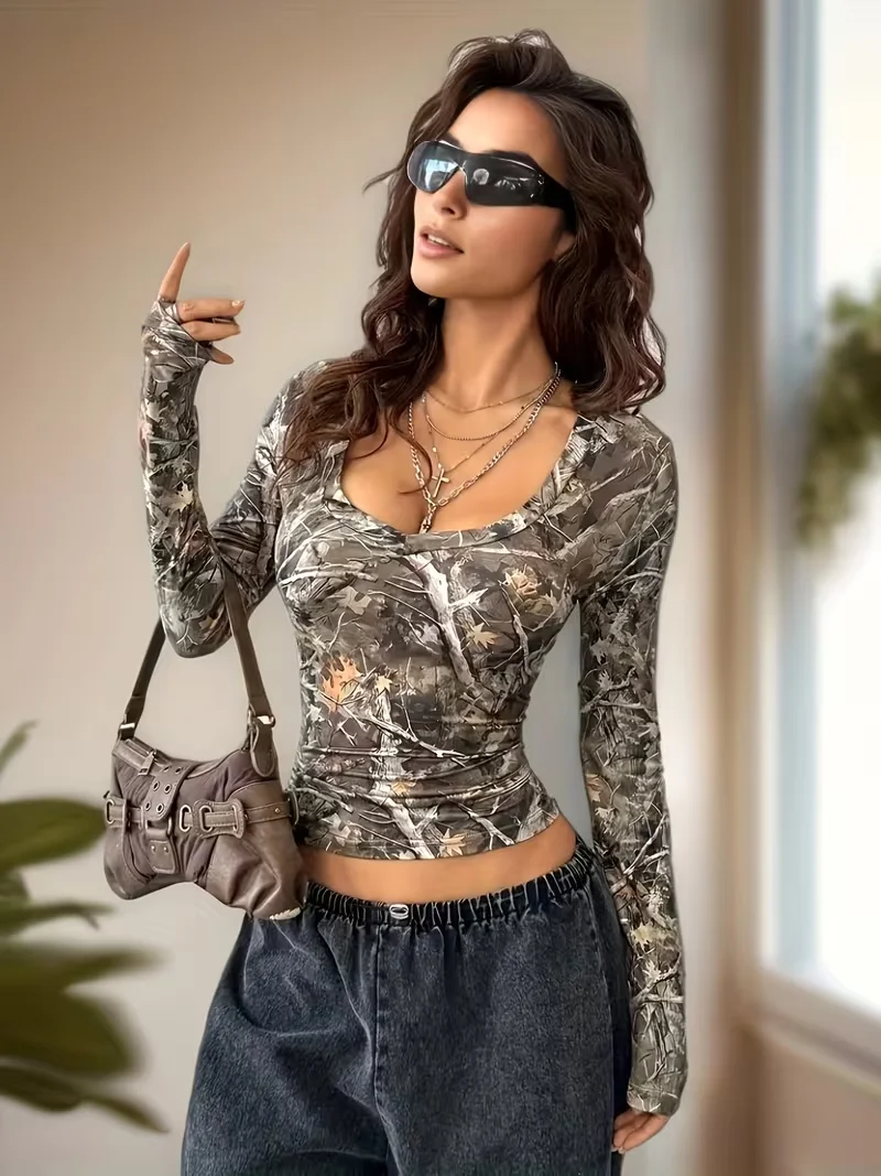 Y2K Street Top Tree Branch Pattern Full V-Ausschnitt T-Shirt für Damen – Detail 4