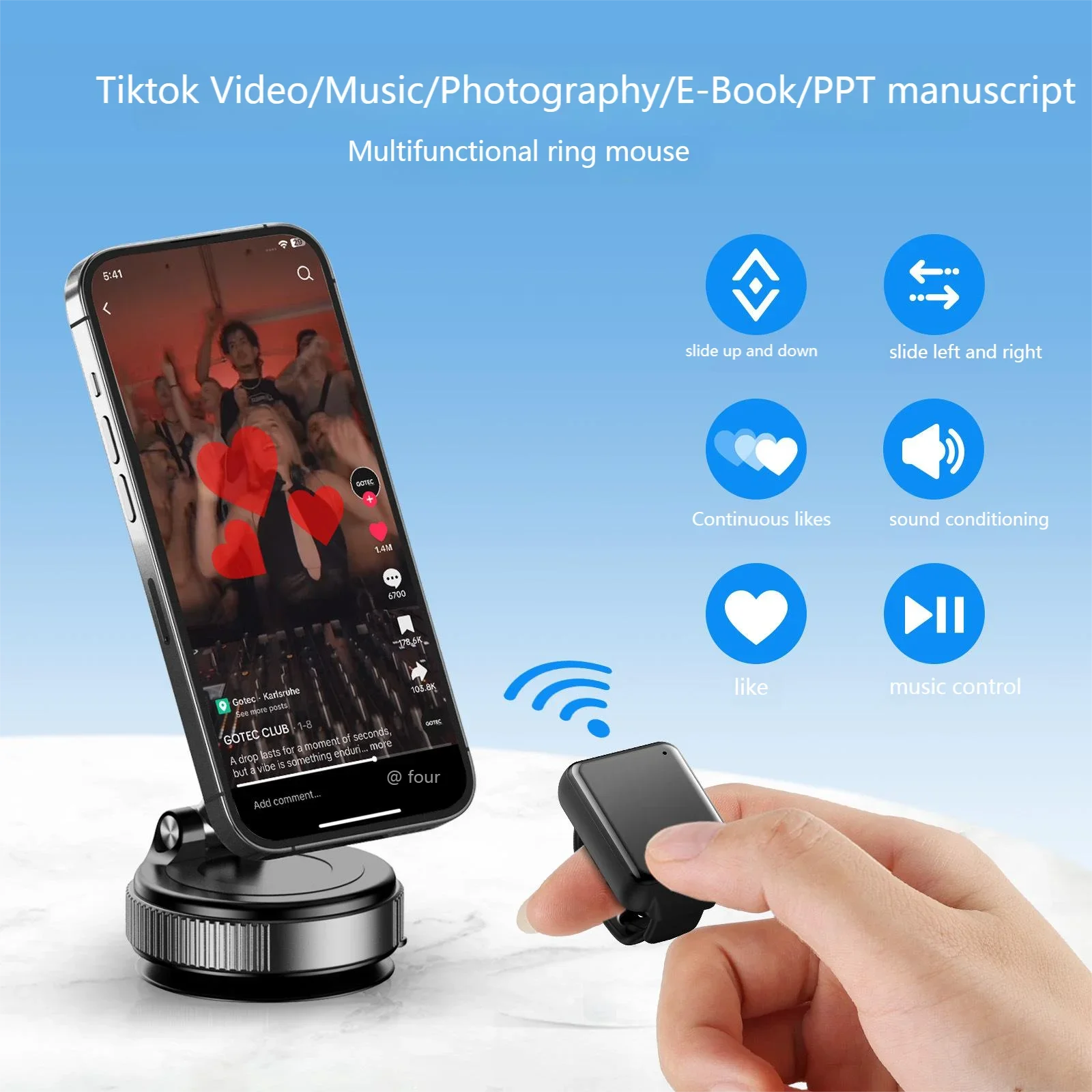 

Mini Bluetooth Ring Mouse Remote Control Page Turner for TikTok YouTube E-book Tablet Smartphone