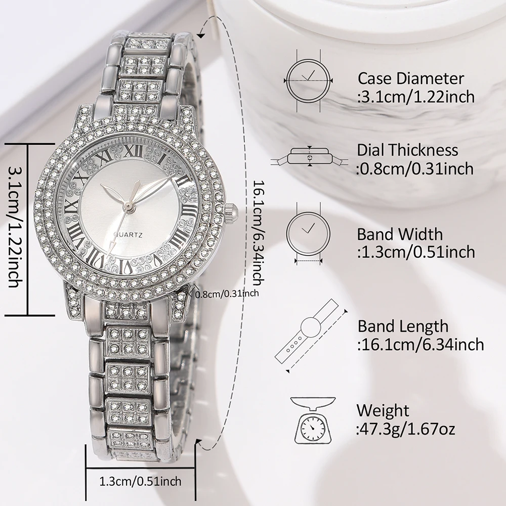 Silver 5PCS/Set Women Watch Roman Numeral Scale Diamond Dial Quartz Wristwatch Alloy Strap Watch Anchor Jewelry Set Gift For Mom