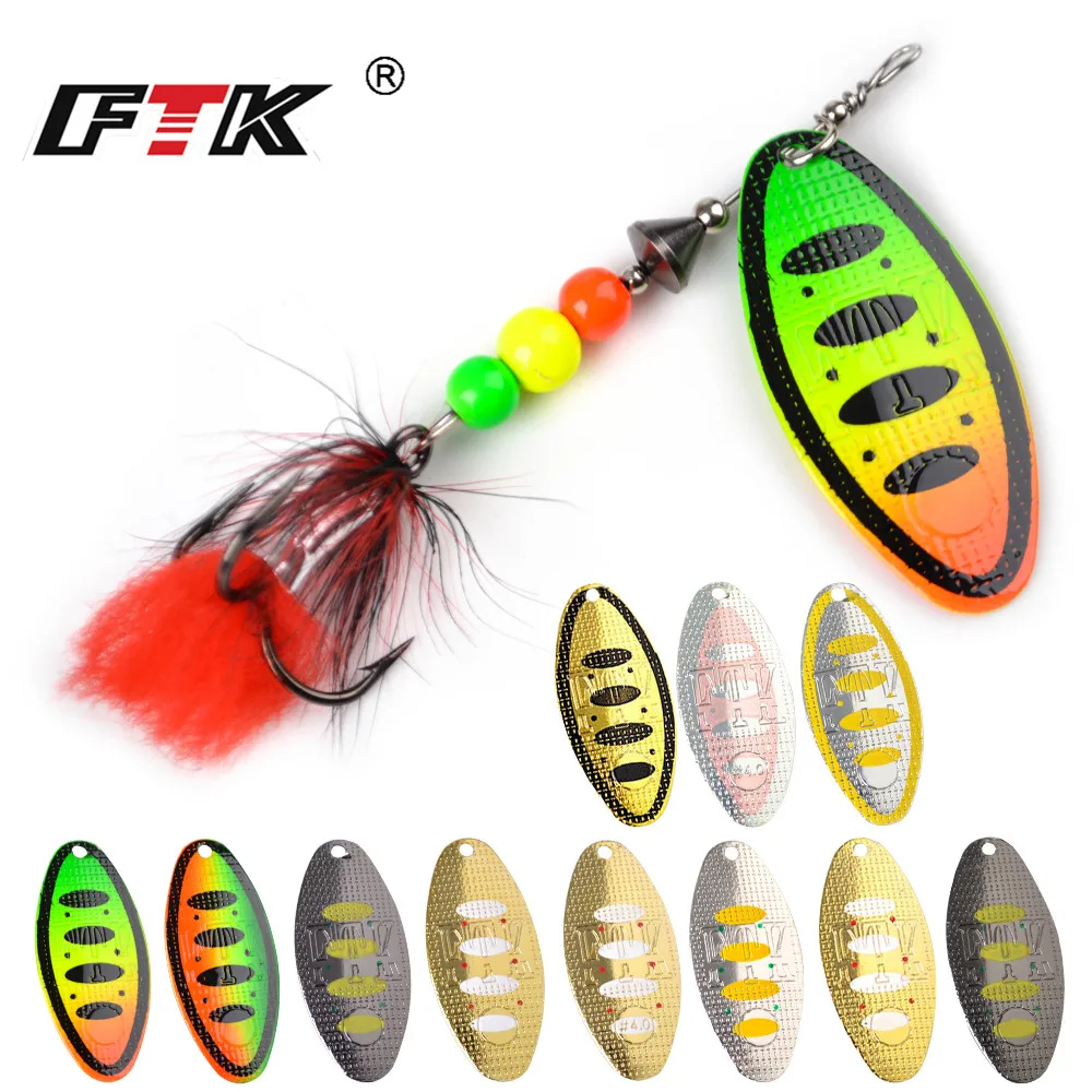 FTK Spinner Bait  Fishing Lure Hard Bait Spoon Lures 1pcs 8g 14g 20g Metal with Feather Treble Hooks Carp Pike Fishing Tackle