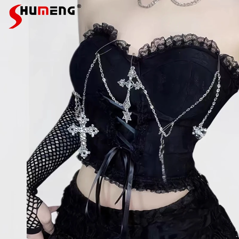 

Japanese Dark Punk Gothic Lace Pendant Tub Top Yabi Style Waist Skinny Short Women's Black Sleeveless Vest Y2k Crop Camisoles