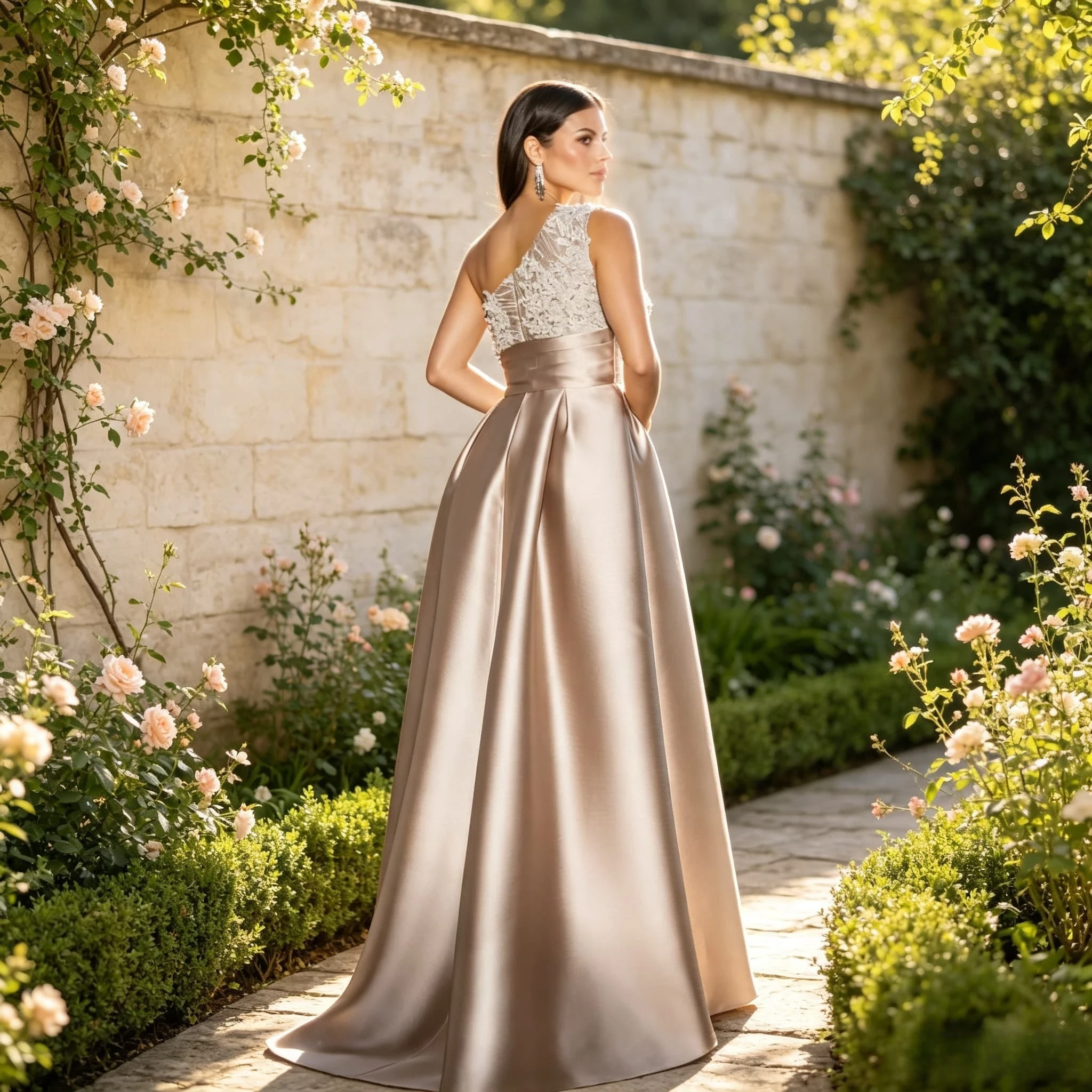 Customized Champagne A Line Evening Dress Lace Beaded Bodice Satin Pleated Floor Length Elegant Formal Wedding Party Guest Gown
