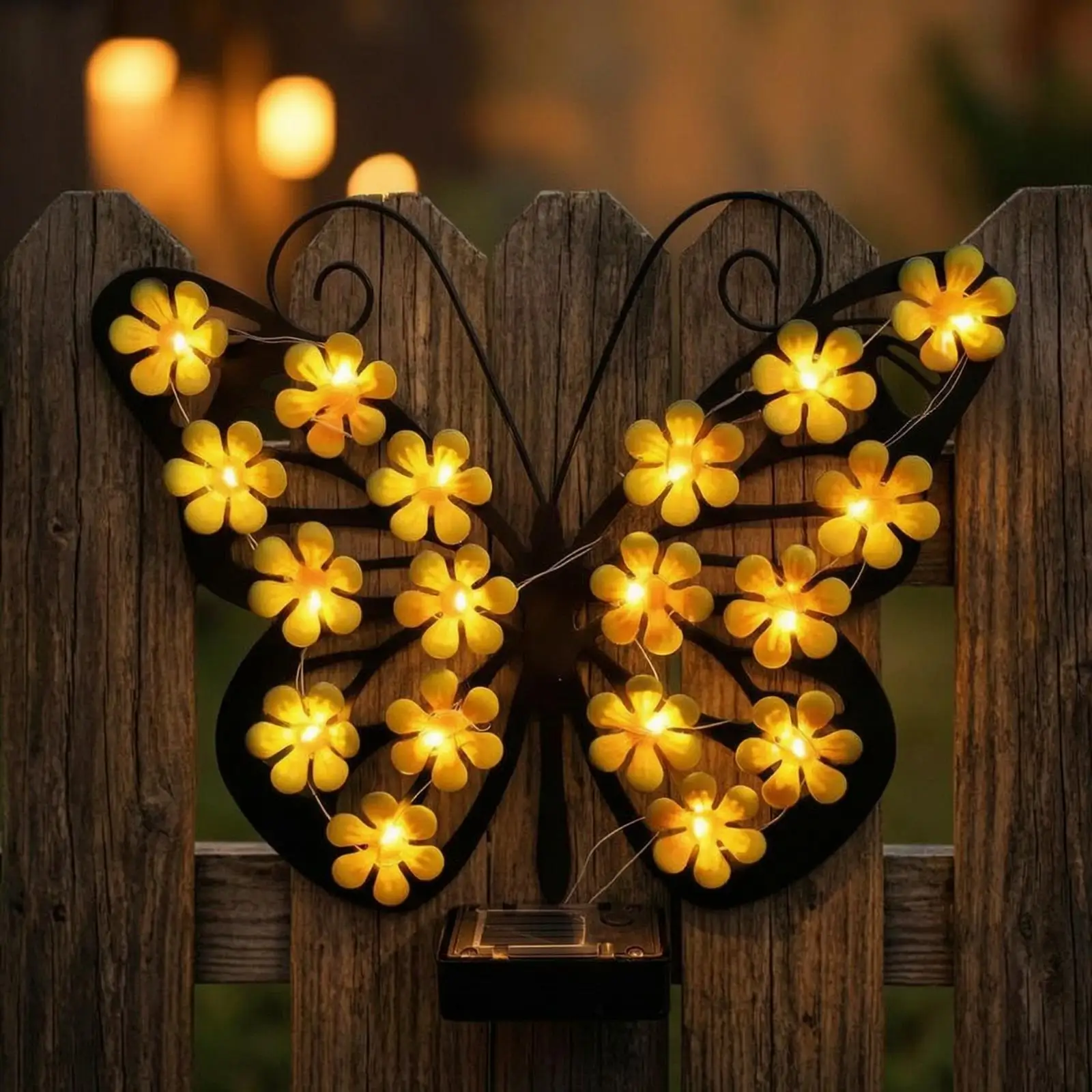 Outdoor Solar Light Iron Butterfly Wall Mounted Garden Decor LED Flower Lamp Waterproof Patio Fence Lighting