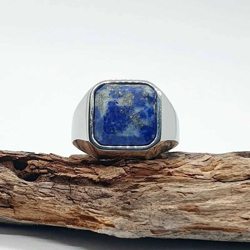 Classic Natural Lapis Lazuli Men Ring with Square Real Stone Silver Color Man Accessories Jewelry Surgical Stainless Steel 2023