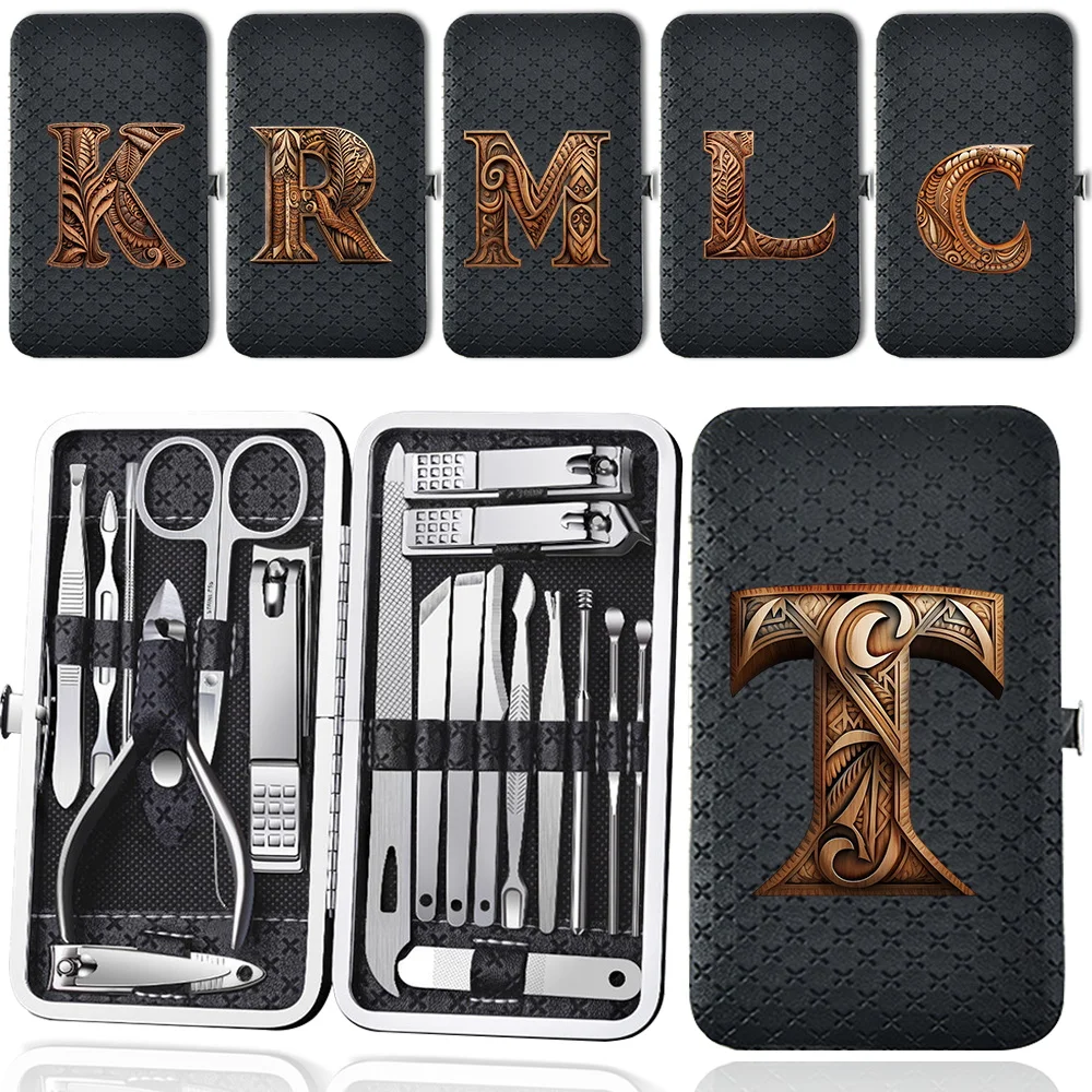 

Multifunctional 19 Pcs Nail Clippers Set Storage Box Travel Nail Clippers Set Nail Trimmers Tools Kit Wood Art Letter Pattern