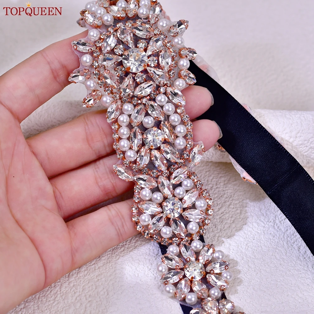 Topqueen-Bridal Rhinestone Belt, acessórios do casamento, Rose Gold Diamonds Applique, Evening Gowns Sash, Bridesmaid Belt, S445-RG