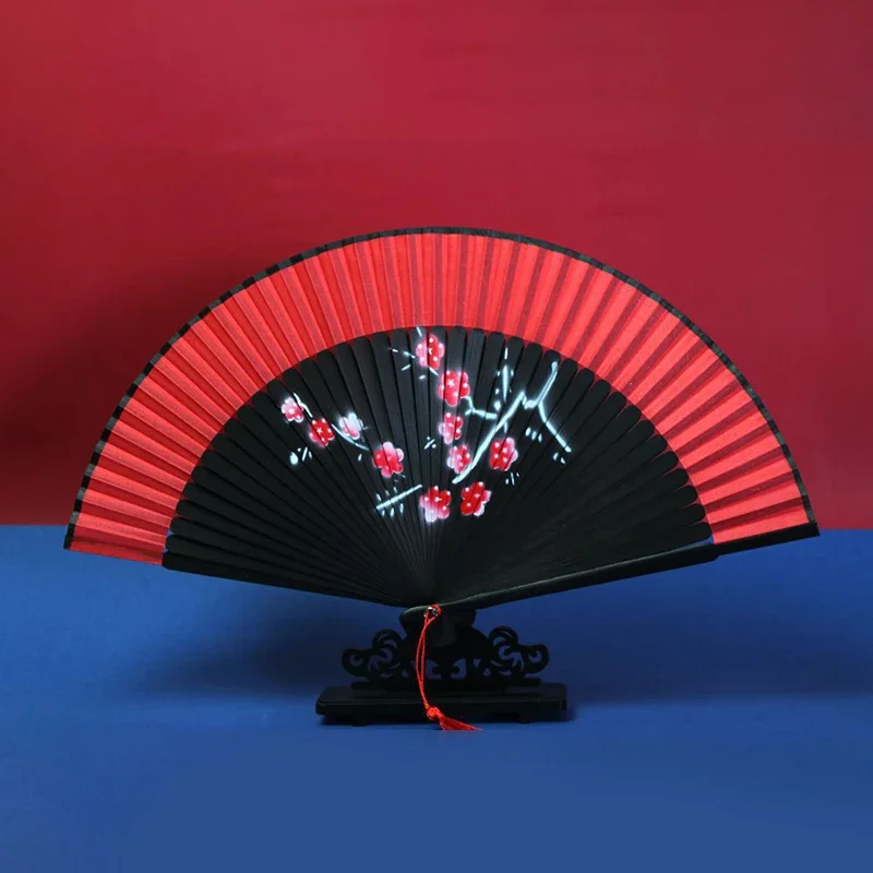 Classical Vintage Folding Fan Chinese Japanese Red Black Flower Printed Dance Hand Craft Bamboo Fans Weddding Gift Home Decor