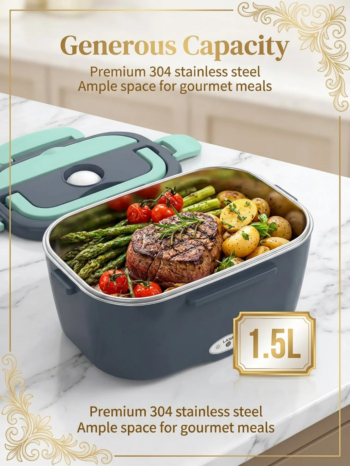 60W Electric Heated Lunch Box 1.5L 304 Stainless Steel 12V/24V Car & Home Dual Power Portable Food Warmer Leak‑Proof view 3