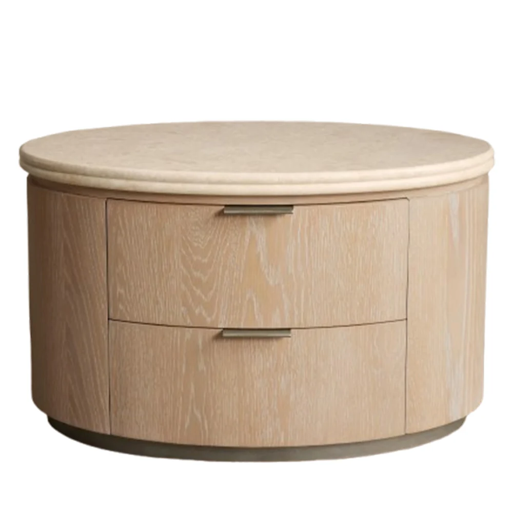 

！@Modern Bedroom Furniture Wood Marble Top Oval Nightstand Beside Table with 2 Drawers