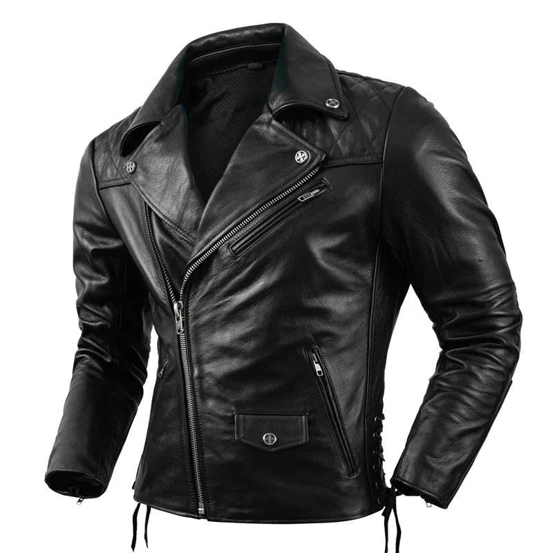 High Quality Coat Size S-5XL Men Motorcycle Jacket Natural Cowhide Oblique Zipper Protectors Genuine Leather Clothes