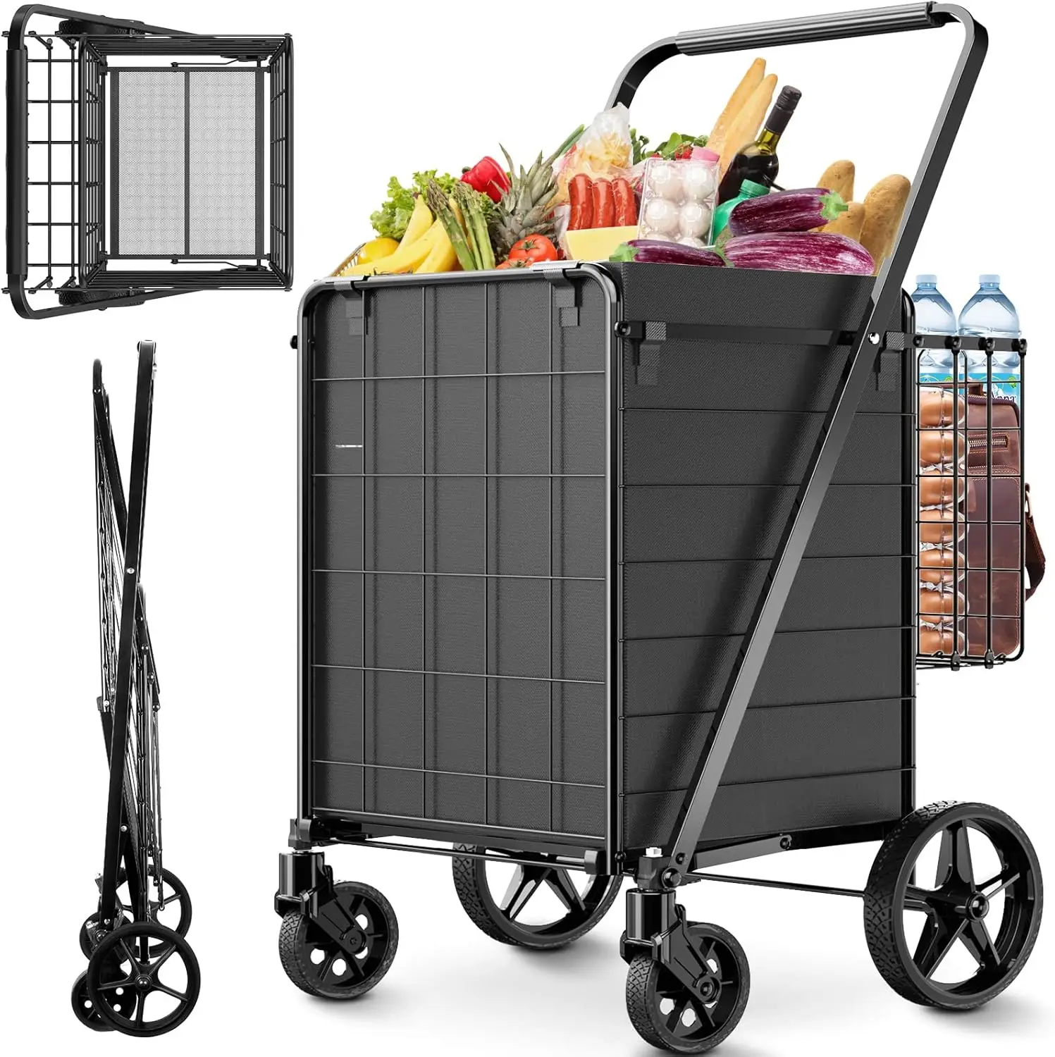 

Collapsible Grocery Cart with 360° Wheels, Waterproof Liner, Double Basket for Laundry and Transport