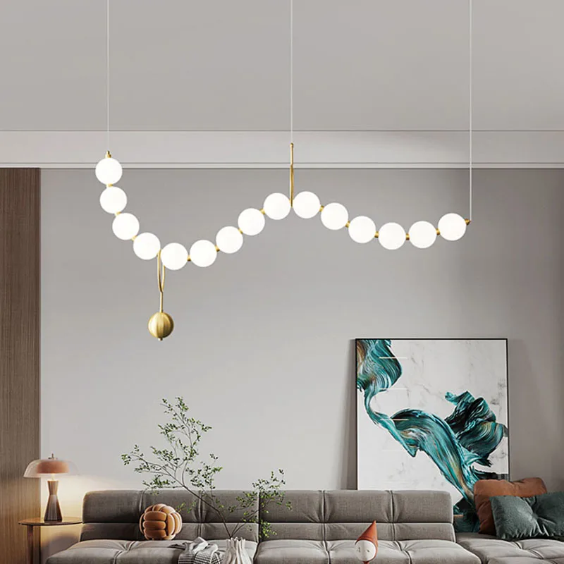 French Style Living Room Chandelier Light Luxury Creative Dining Table Bar Hanging Line Lamp Pearl String Pendant Lighting