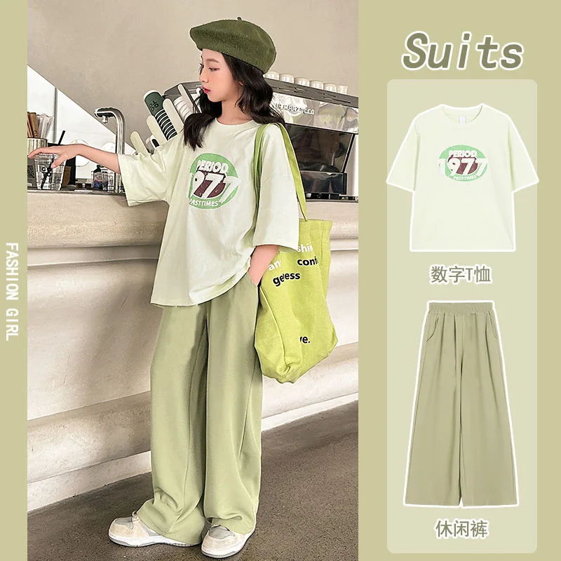 2026 autumn Girl Clothes Outfits New Korea Short Sleeve half sleeve T-shirt + wide leg Pants Trousers Teens 6 7 8 10 11 12 year