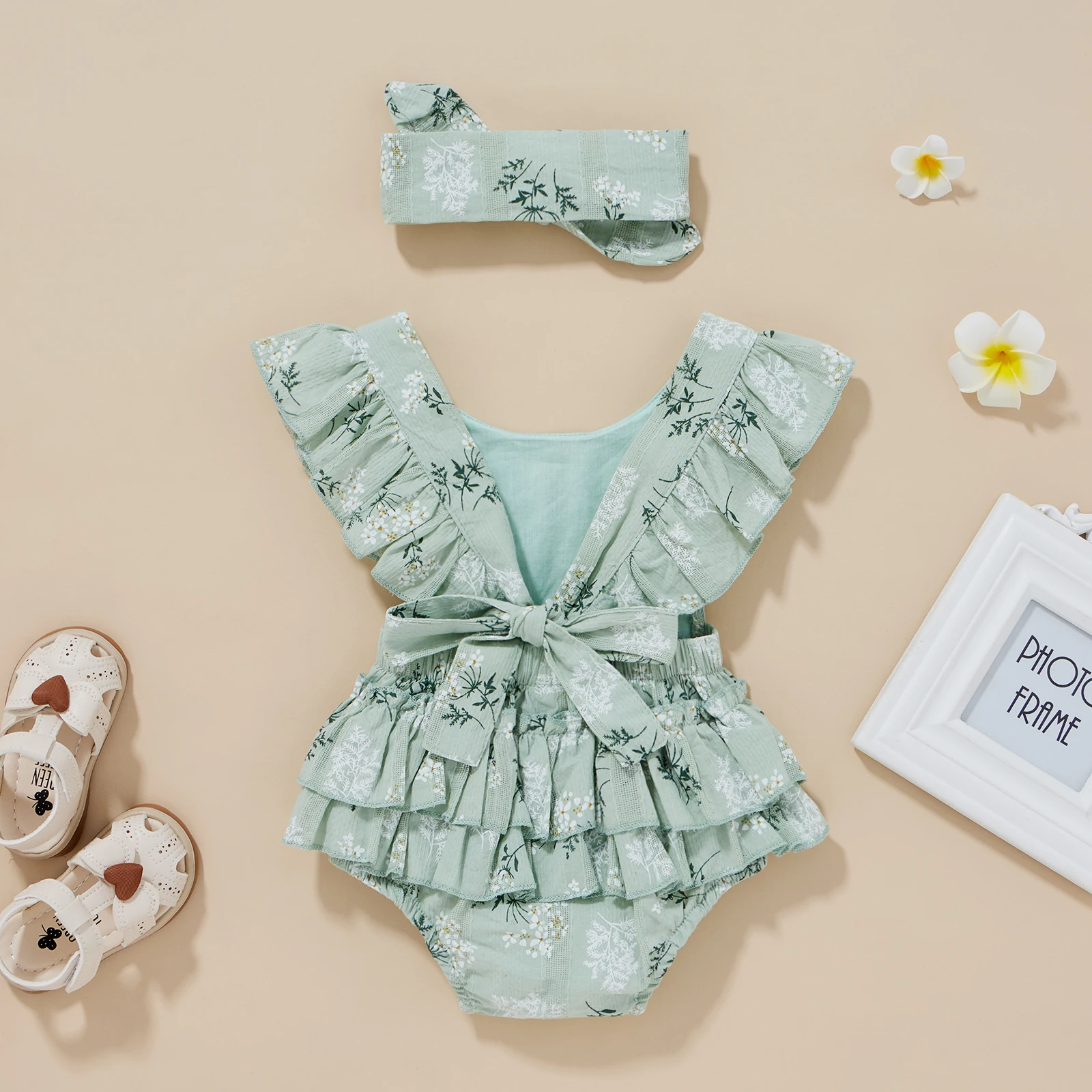 New Baby Romper With Hairband Kids Summer Flower Print Round Collar Fly Sleeve Bodysuit+ Headband 0-24 Months Hot Sale