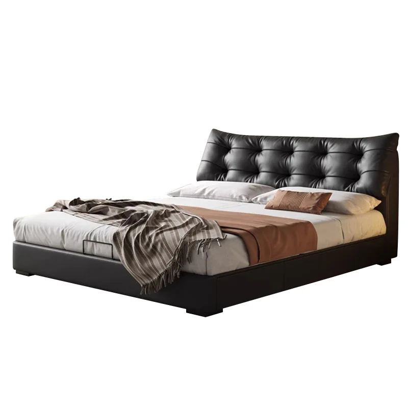 

Italian minimalist black bear leather bed light luxury retro master bedroom