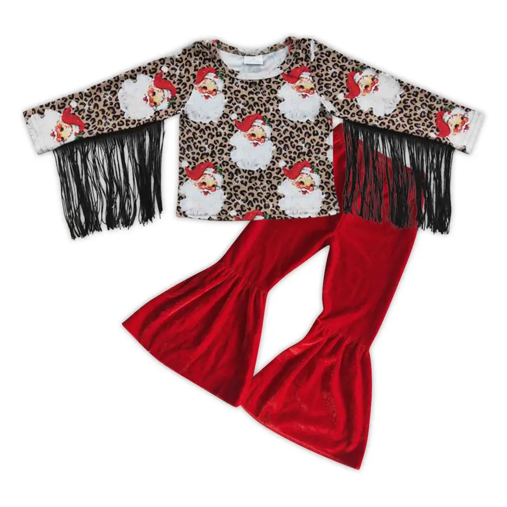 

Wholesale Toddler Kids Christmas Santa Set Tassel Long Sleeves Leopard Shirts Children Outfit Baby Girl Red Velvet Bell Pants