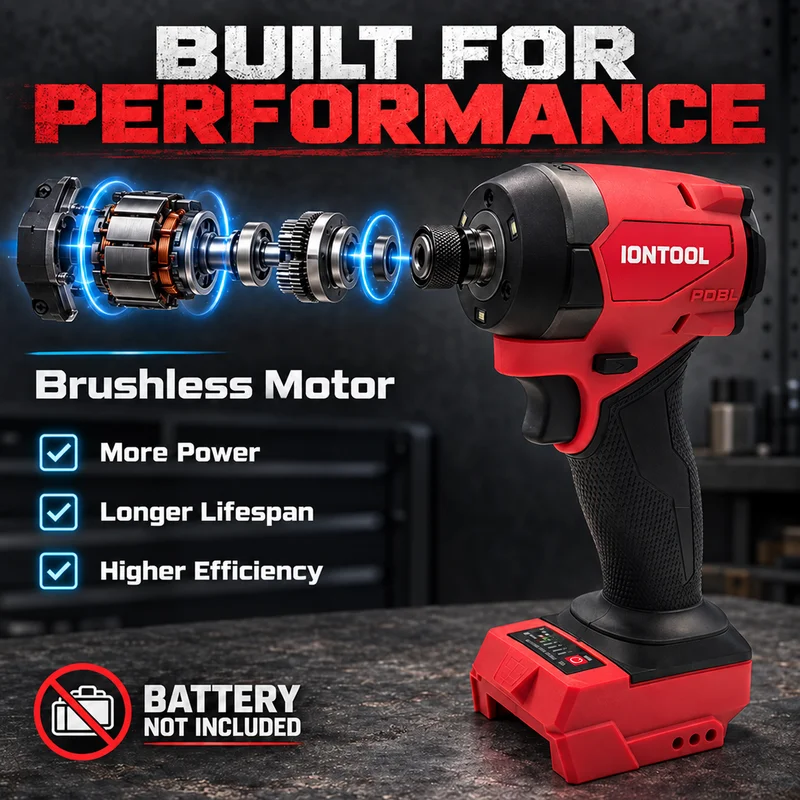 IONTOOL 750W Cordless Impact Driver 1/4 Inch Hex 450N Dual Speed Red Body for Metal Fastening and Cabinet Installation Bare Tool