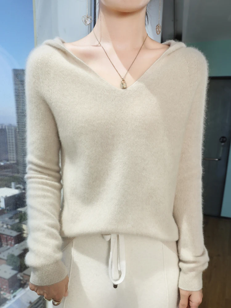 Women's Long Sleeve Hooded Sweater, Hooded Sweater, V-Neck Pullover, Knitted Outerwear, Leisure Style, Autumn, Winter, New