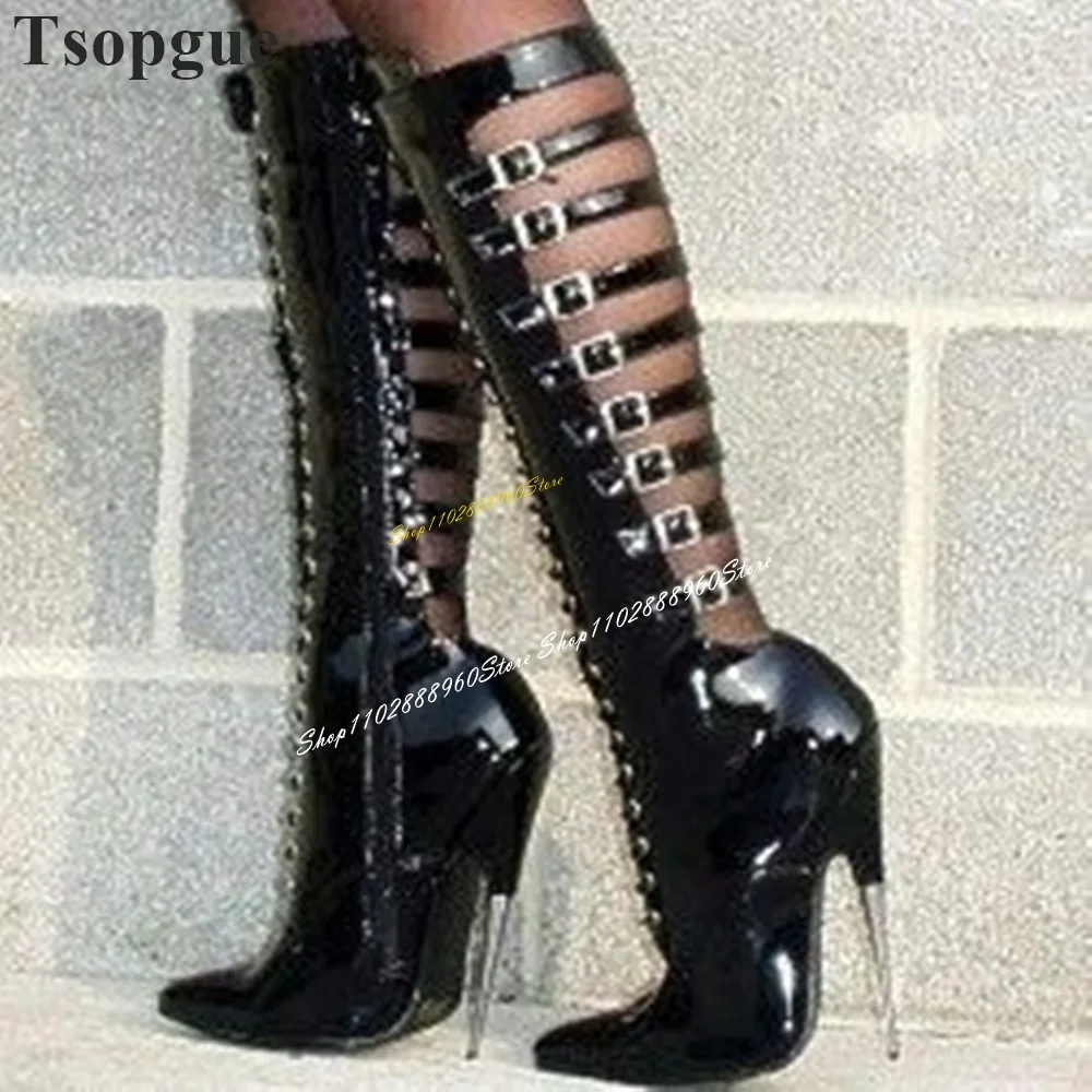 

Trendy Cross Tied Black Buckle Strap Boots Knee High Thin High Heel Women Shoes Side Zipper Pointed Toe 2024 Zapatos Para Mujere
