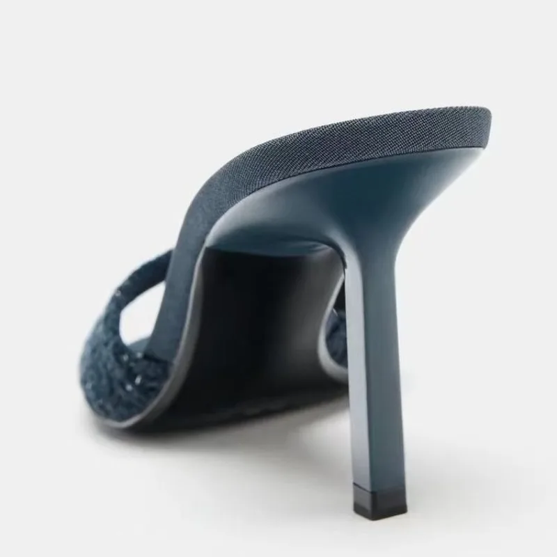 Diseñadores De lujo tacones altos para Mujer único puntiagudo azul sandalias deslizantes De algodón Sexy punta abierta vestido De noche Zapatos De Mujer