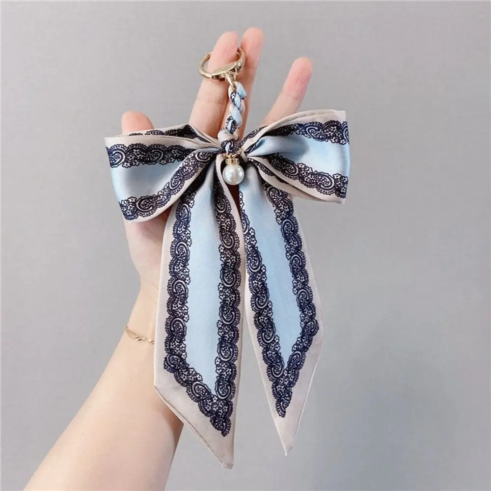 

Creative Pearl Scarf Bow Keychain Flower Printed Bowknot Bag Pendant Bag Decoration Stripe Bag Accessories Key Accessories