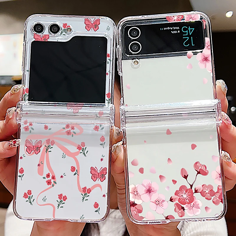 Para Samsung Galaxy Z Flip7 Flip5 Flip6 funda Rosa flores Bowknot plegable transparente cubierta dura para Samsung Galaxy Z Flip 7 6 5 4 3 5G