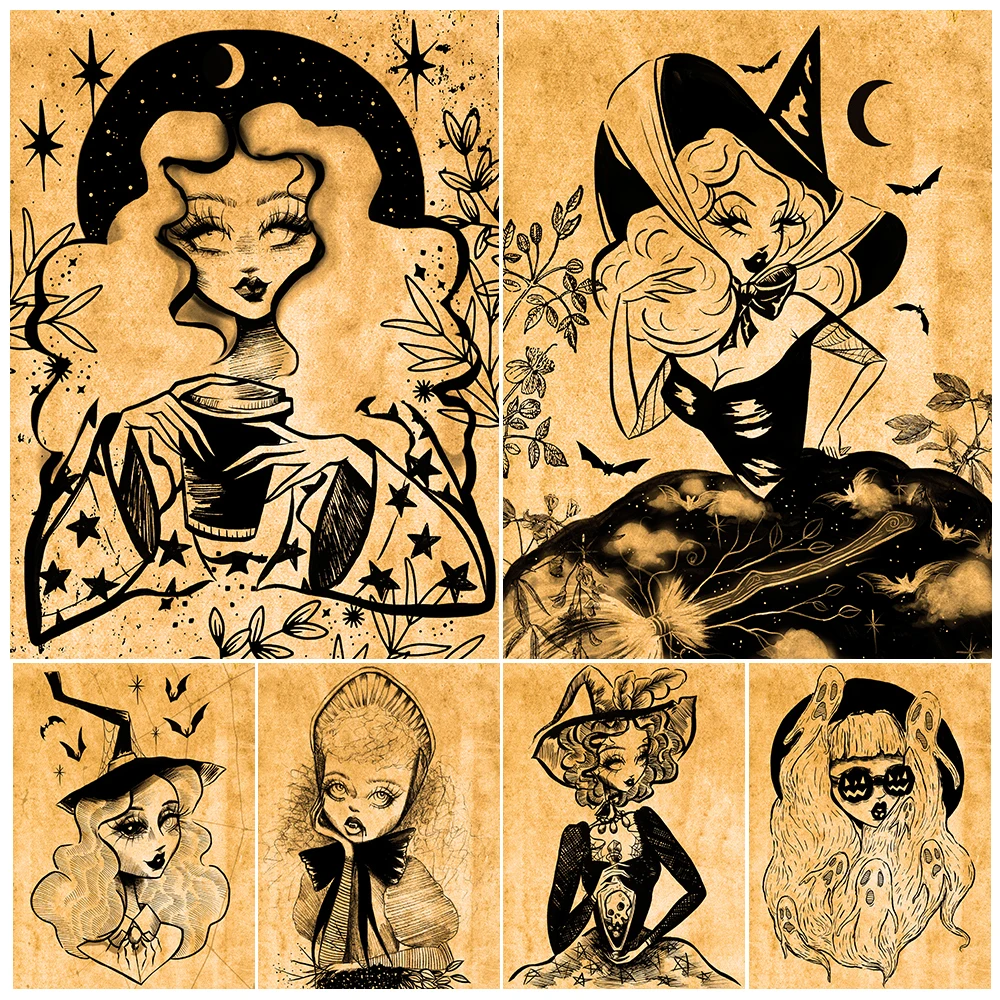 Gothic Witch Lady Vintage Wall Art Canvas Painting Sexy Devil Girl With Vampire Lady Art Poster And Print Home Decor Unframed