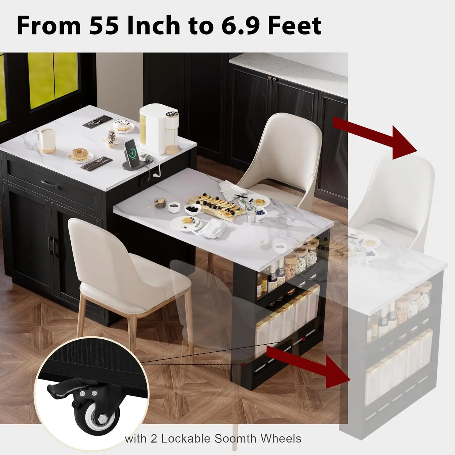 82.7'Faux Mable Kitchen Island with Double-Sized Storage, Kitchen Island with Extendable Dining Table for 4-6 Person