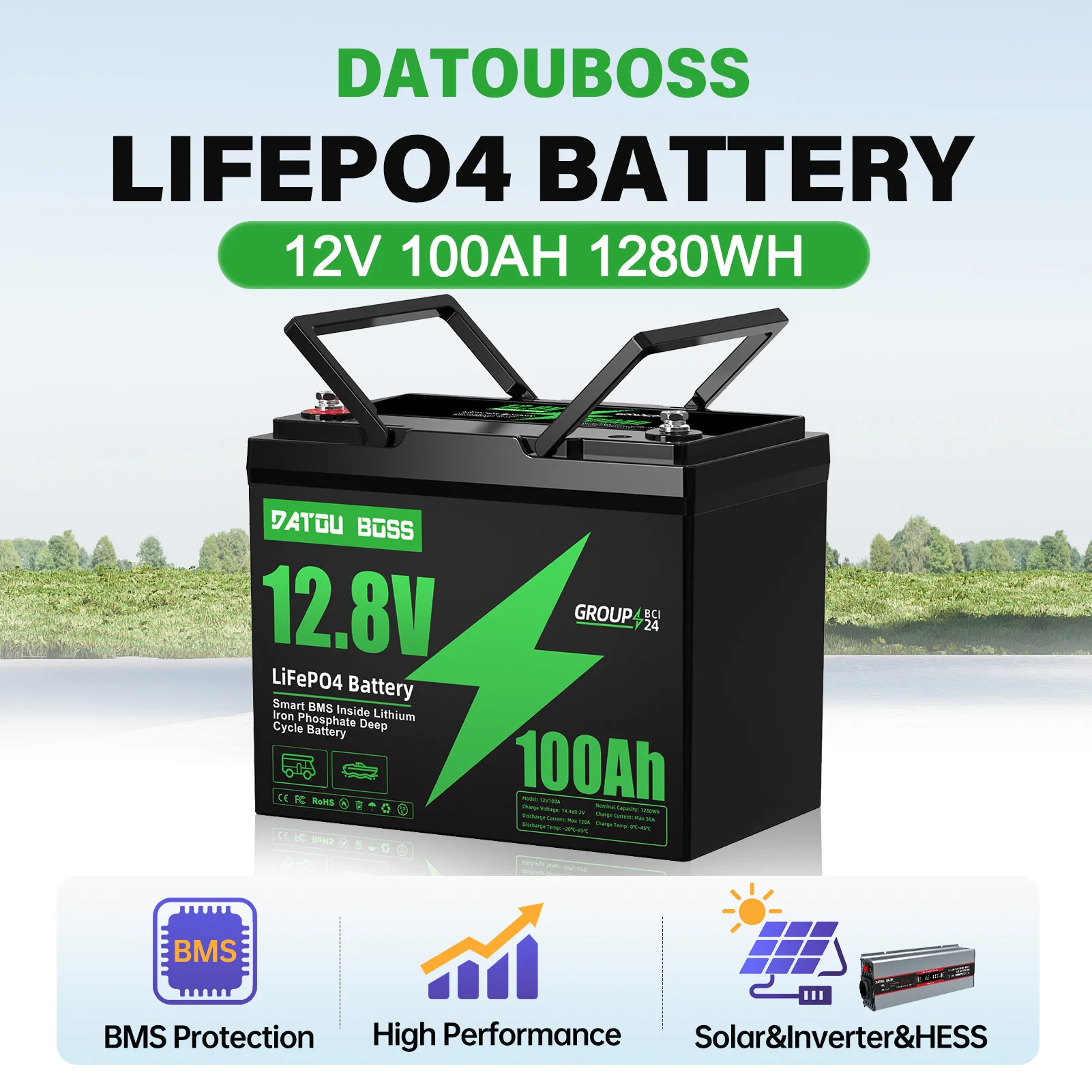 Datouboss LiFePO4 12V 100Ah Deep Cycle Battery Built in BMS, High Performance for Solar, Inverter, HESS, 1280Wh