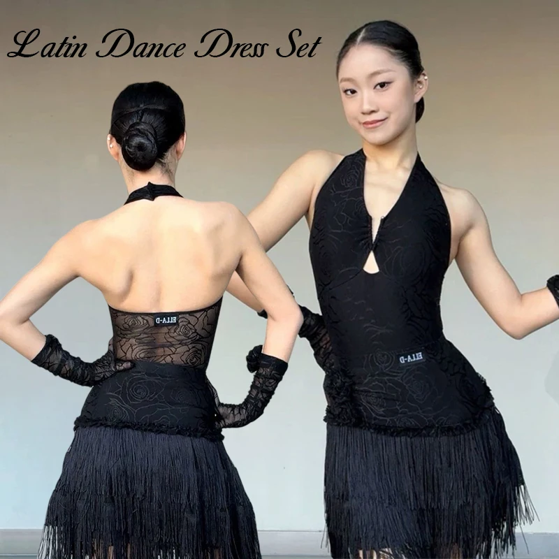 

Women Latin Dance Dress Women Black White Fringe Dress Halter Neck Tops Skirt Gloves Set Latin Competition Performance Costume