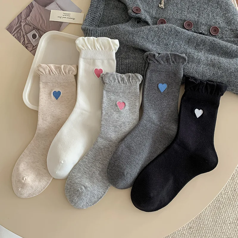 

Love Embroidery Women Socks Autumn and Winter New Lolita Kawaii Ruffle Socks Japanese Style Solid Color Cotton Medium Tube Socks