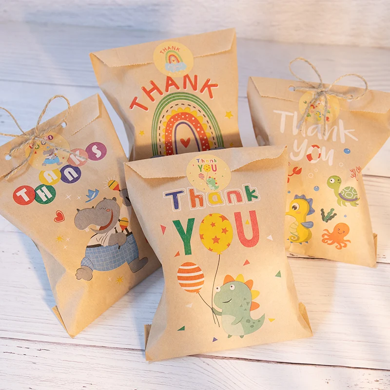 24Sets Thank You Kraft Paper Bags Cute Rainbow Dino Happy Birthday Gift Pouch Retro Flower Party Favor Bag Candy Cookie Supplies