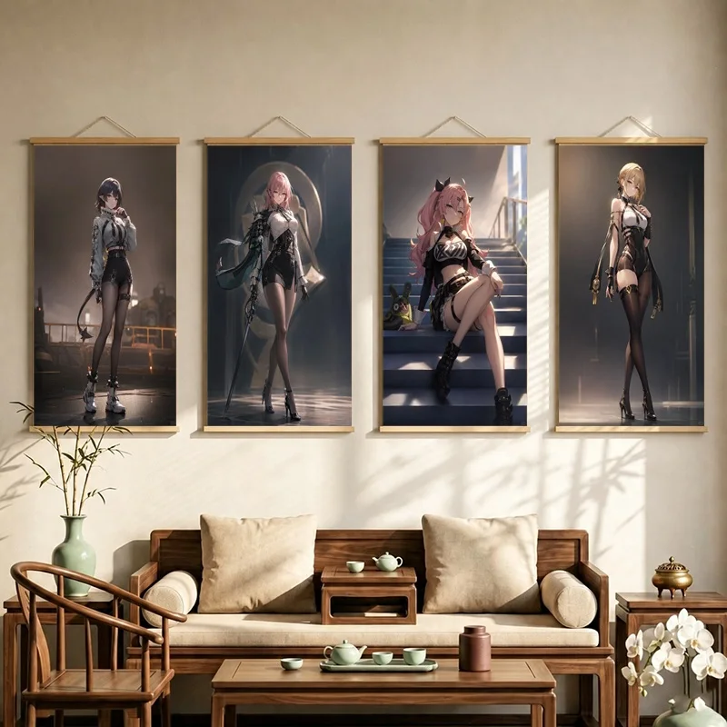 Zenless Zone Zero Hanging Scroll with Anime Women in Dark Futuristic Outfits and Dramatic Character Portraits for Bedroom
