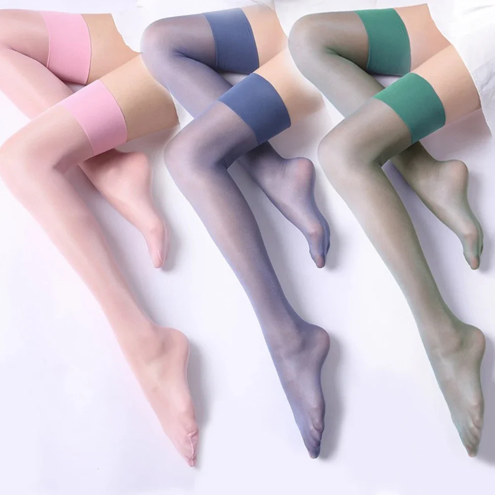 

Sexy Glossy Stockings Candy Color Thigh High Nylon Socks Smoothly See Through Women's Cosplay Long Stockings Transparent Medias