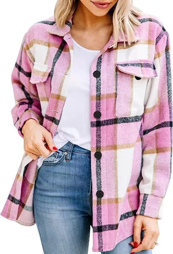 Casual Plaid Loose Long Sve irt Street Sle Polyester Fabric Button up Classic Straight Cut Women's Spring Faion
