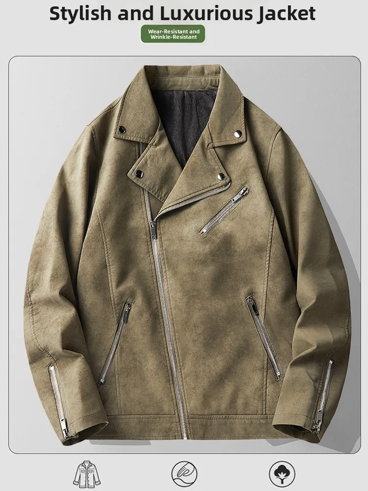 

Men's Faux Leather Jaet PU Spring Autumn Thiened Fce Lined Diagonal Zipper Motorcycle Sle Casual Faion Ci Wear