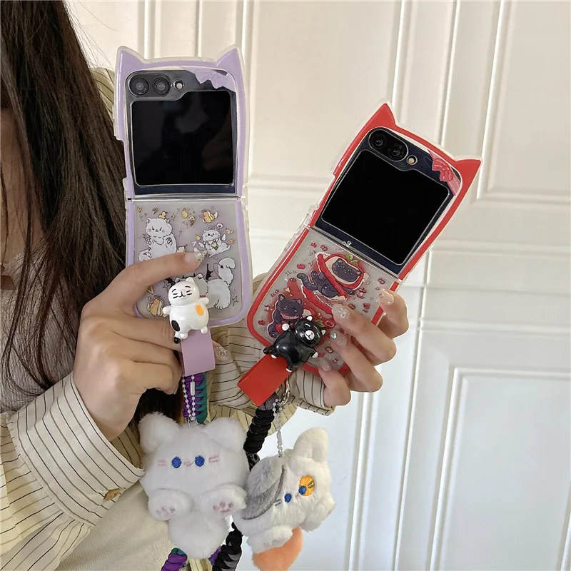 Koreaanse Cartoon Fruit Kat Telefoonhoes Voor Samsung Galaxy Z Flip 6 5 4 3 Beschermhoes Voor Zflip4 Zflip5 Zflip6 Hoesje