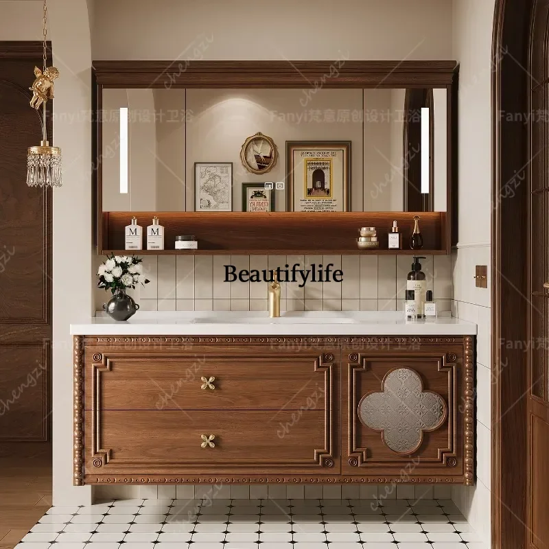 J132 French retro style oak bathroom cabinet combination ceramic integrated basin toilet washstand