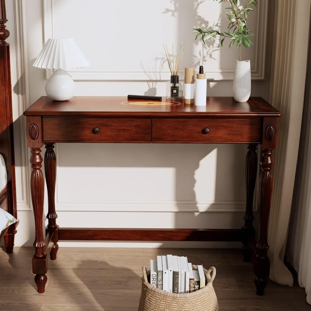 

Solid Wood Computer Writing Desk with 2 Storage Drawers, Traditional Vanity Dressing Table, Small Home Office Desk, Corner Table