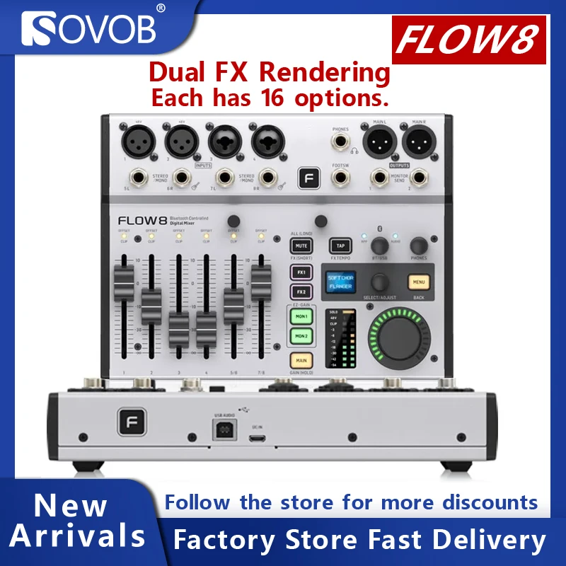 

FLOW8 8-Channel Digital Mixing Console, Mixer, Bluetooth and App Control Support, 2 FX Processors, USB Audio Interface