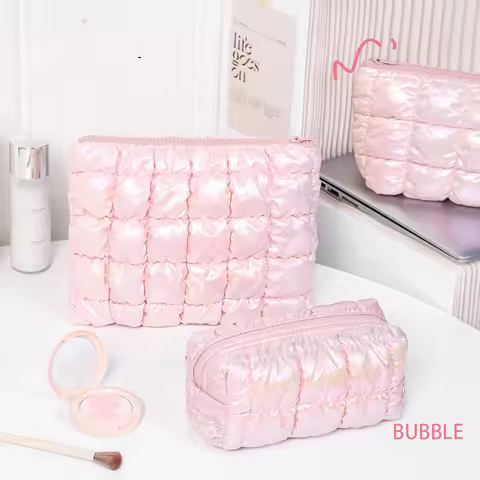Pink Fashion Women Makeup Storage Bag Handbag Travel Organizer Toiletry Cosmetic Pouch Bubble Grid Luxury Ladies Clutch Bag