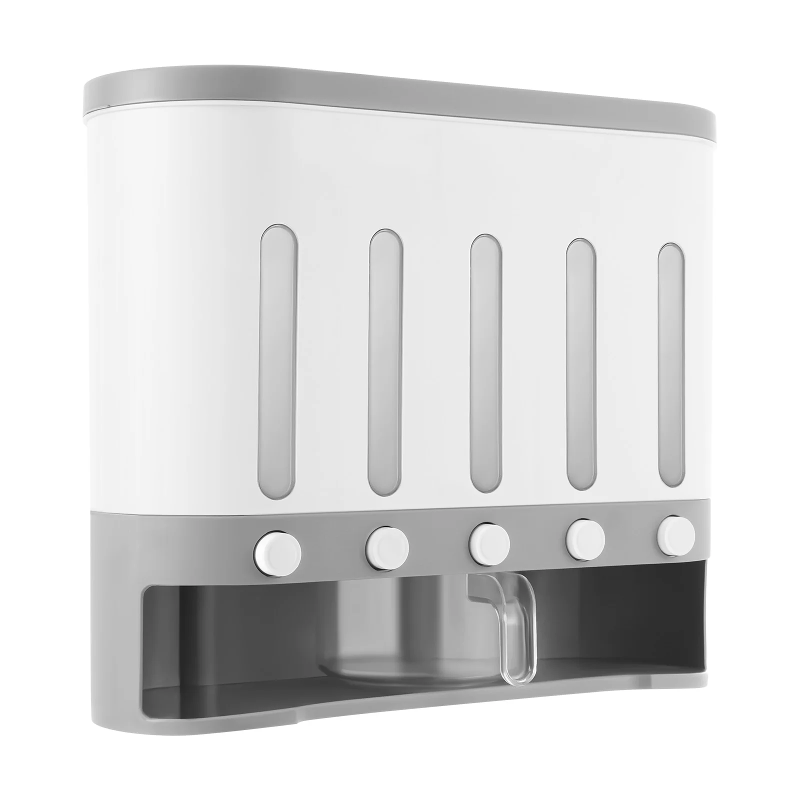 

Диспенсер для сухих продуктов, настенный диспенсер для круп с 5 сетками, диспенсер для риса, 20 фунтов, кухонное хранилище с мерным стаканчиком