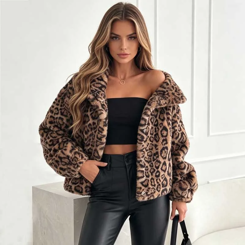 Winter Leopard Print Coats Fashion New Loose Long Sleeve Women Jacket Short Female Lapel Casual Simple Office Streetwear Clothes