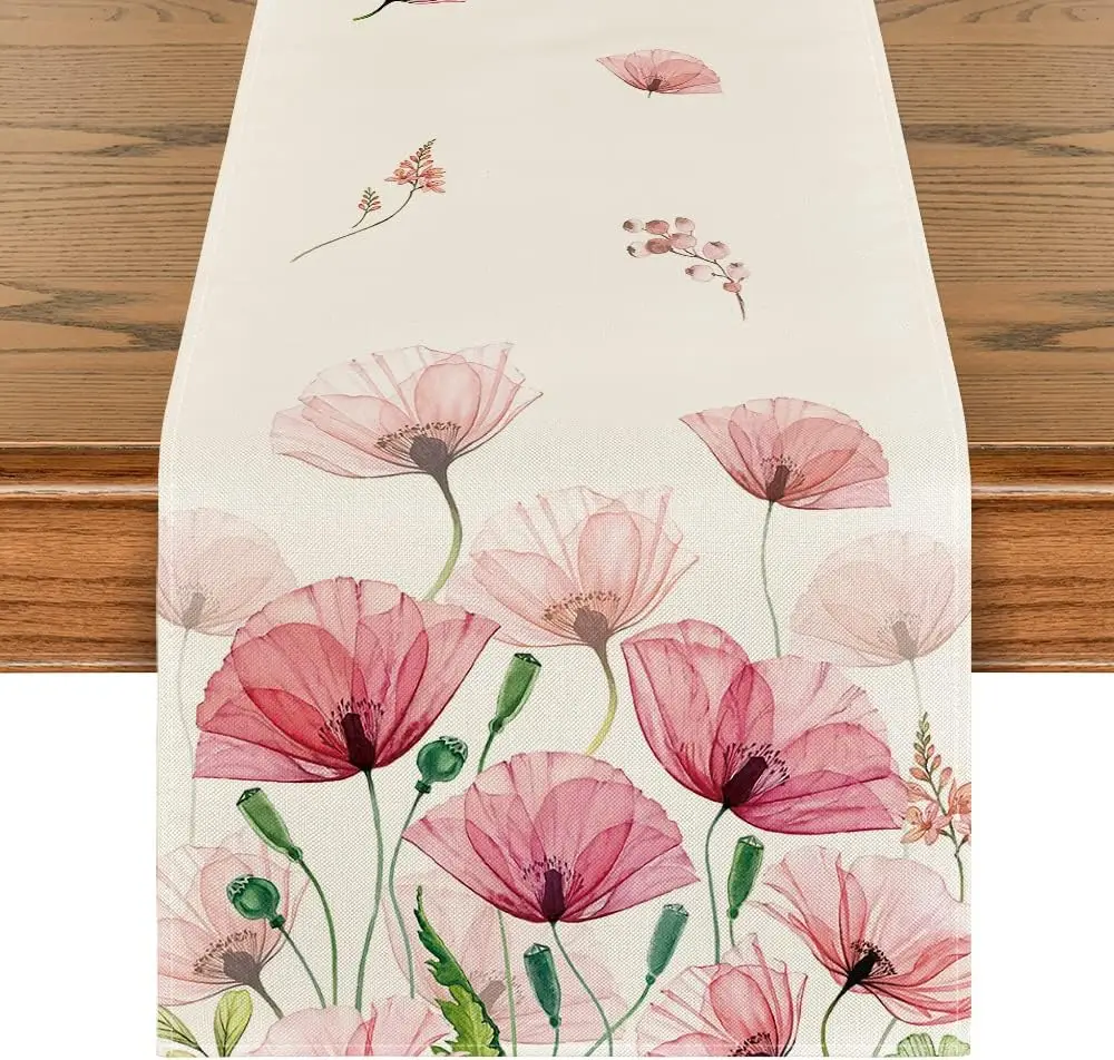 Corn Poppy Leaves Summer Linen Table Runner Seasonal Spring Dresser Scarf Table Decor Kitchen Wedding Party Dining Table Runner