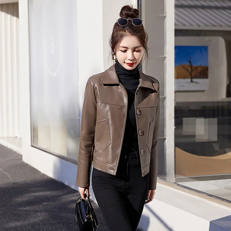   Ning جلد طبيعي Jaet المرأة ort Sle 2025 جديد ربيع الخريف Faion سليم صالح دراجة نارية eep معطف جلد